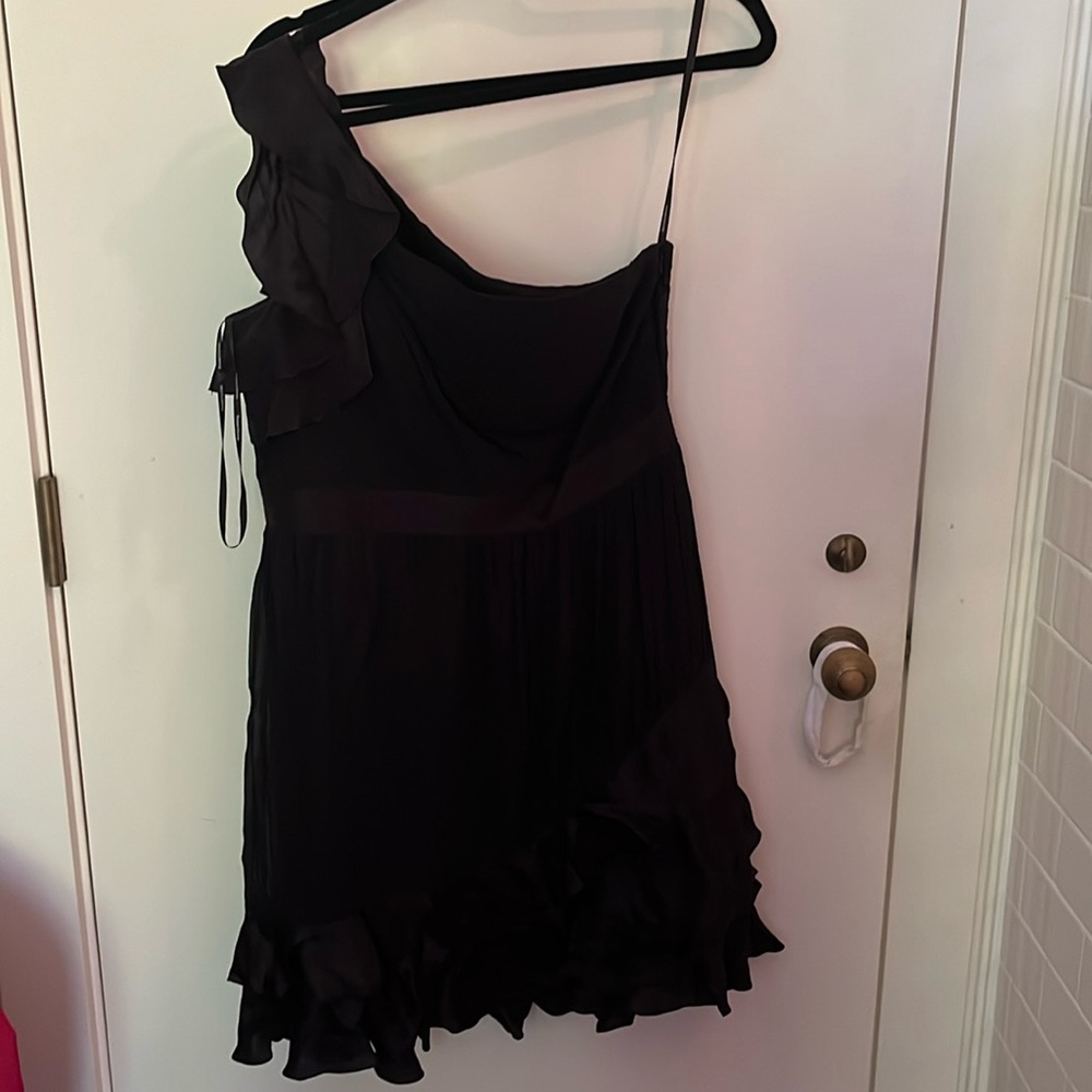 One shoulder black silk mini dress